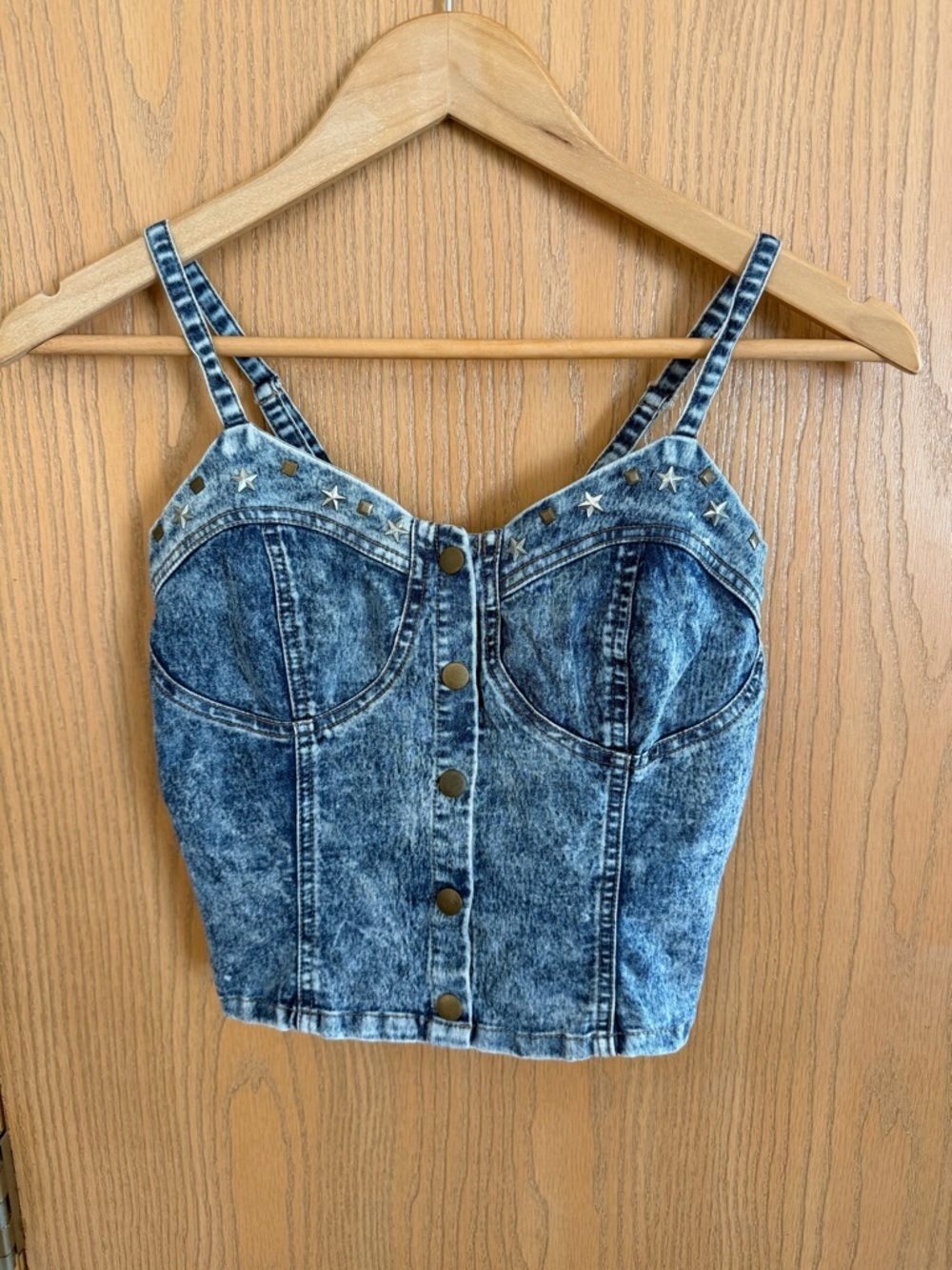 DREAM OUT LOUD Y2K Vintage Acid Wash Denim Bustier Star Stud Crop Top Size M